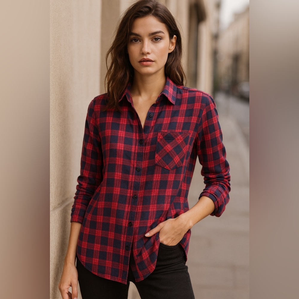 Anthropologie Sanctuary Red Navy Flannel Check Plaid Top Grunge Streetwear small